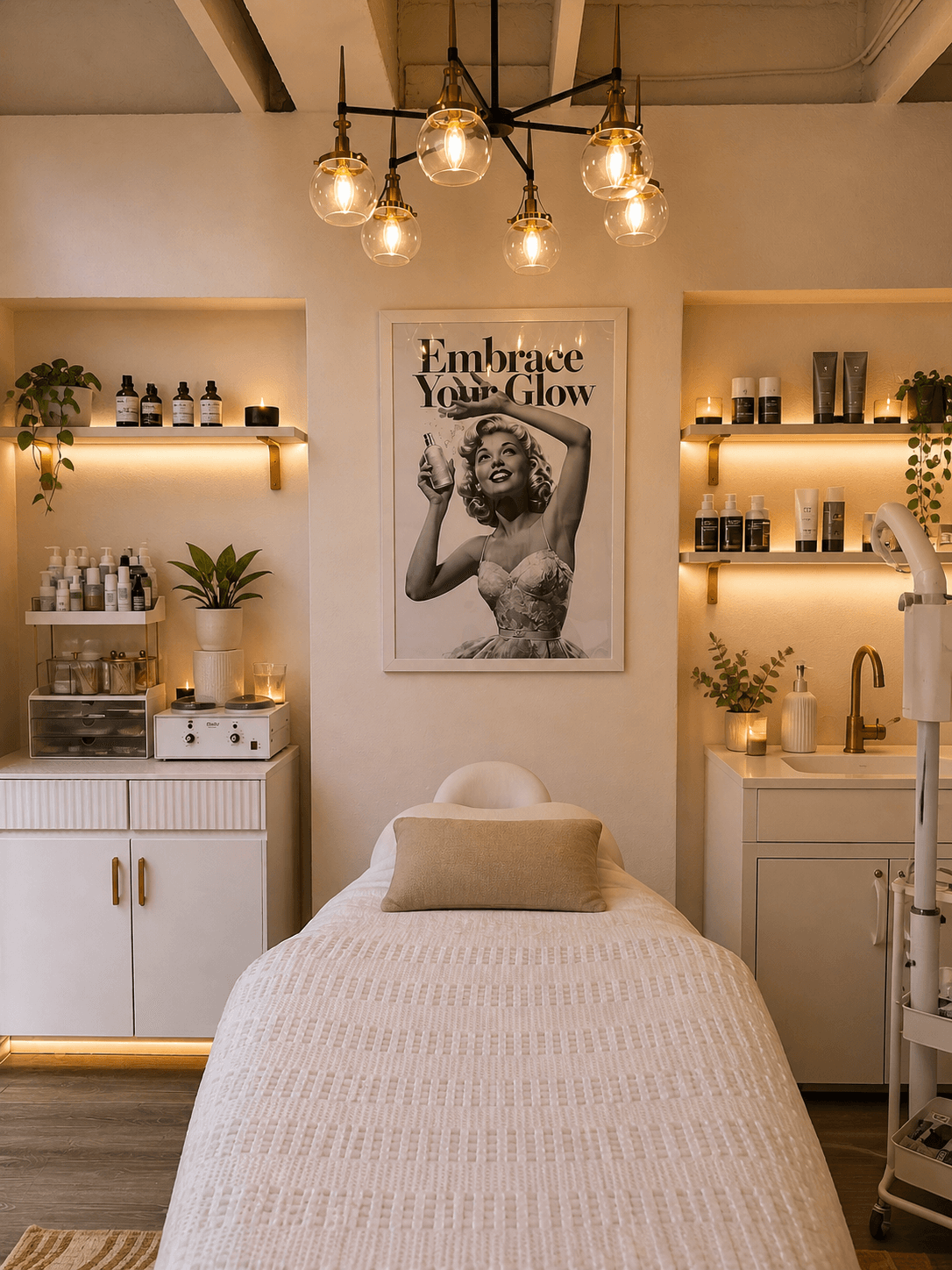 The Sunlit Aesthetic treatment room in Cow Hollow, lit warmly.