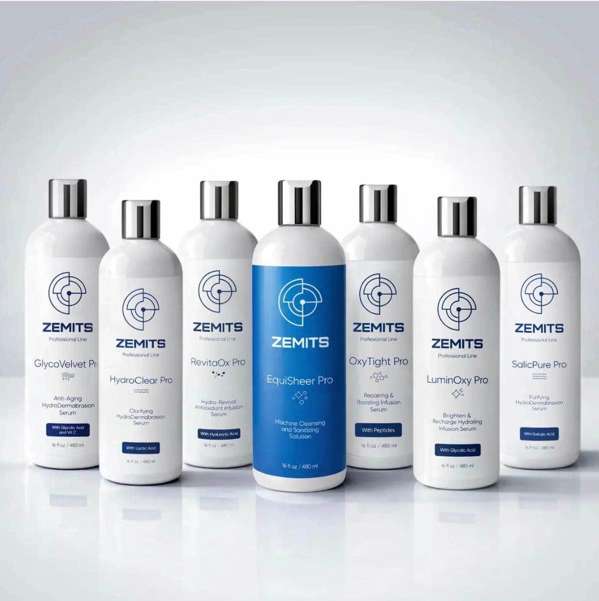 Zemits Professional Line serums: GlycoVelvet, HydroClear, RevitaOx, EquiSheer, OxyTight, LuminOxy and SalicPure